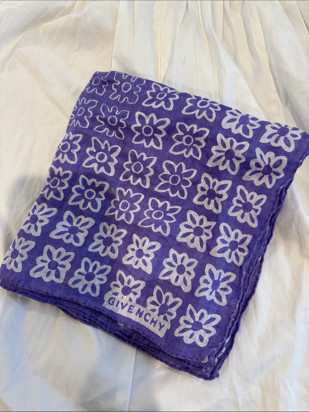 Givenchy? cotton bandana, purple/white pattern, 14x13.5”